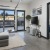 a living room with a garage style door